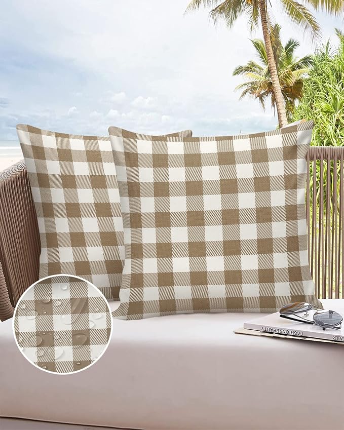 Outdoor Waterproof Throw Pillow Covers Set of 2 Light Brown Buffalo Check Plaid Pillowcases 20x20 Inches Farmhouse Style Patio Decorative Pillows Cushion Case Patio Pillows for Couch Bed Chair Garden