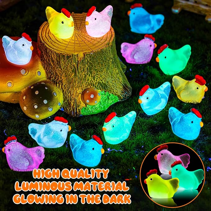 64PCS Luminous Mini Resin Chicken Figurines 8 Colors Tiny Chickens | Miniature Chickens Animals Figurines Glow in The Dark, Micro Landscape DIY, Home Outdoor Party Decor