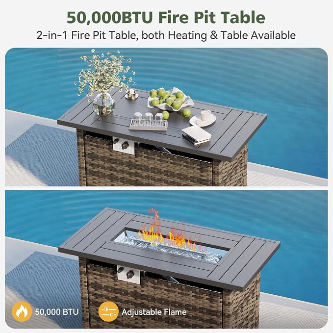 Aoxun 14 Piece Outdoor Patio Furniture Set with 44'' Fire Pit Table, Wicker Rattan Outdoor Furniture with High Back Swivel Rocker Chairs, Outdoor Conversation Set with Thick Cushion, Black