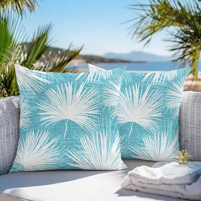Throw Pillow Covers 16x16 Inch Set of 2, Aqua Blue Palm Leaves Coastal Waterproof Outdoor Pillow Covers, Summer Tropical Botanical Decorative Cushion Pillowcases for Couch, Sofa, Bed, Garden, Patio
