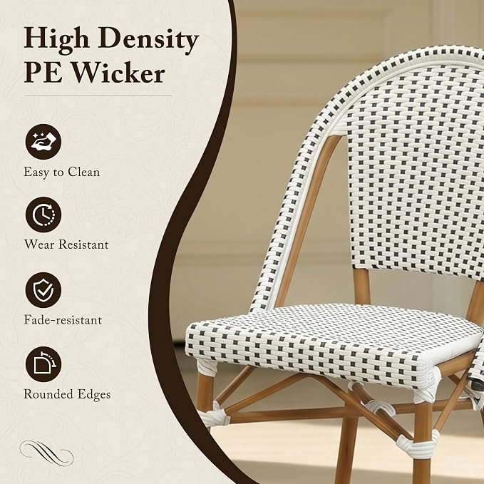 PURPLE LEAF 5-Piece French Bistro Dining Set Square Outdoor Patio Table and 4 Armless Chairs Tempered Glass Top PE Rattan Bamboo Print Finish Aluminum Frame White