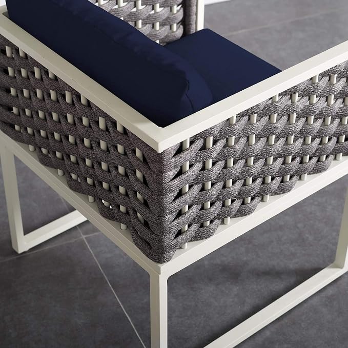 Modway Stance Outdoor Patio Woven Rope Dining Arm Chair in White Navy