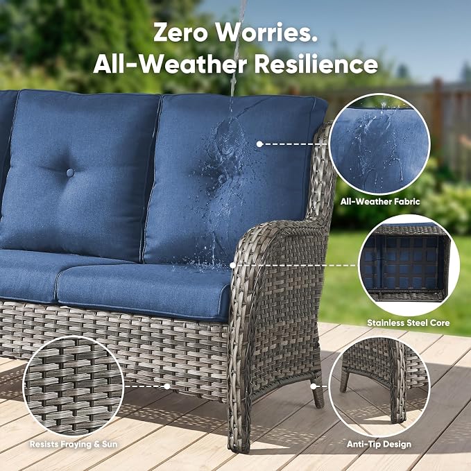 Belord 13 Piece Wicker Patio Furniture Set, Outdoor Swivel Rocker Chairs Set of 4 with Ottomans and Rattan Couch, All Weather Patio Conversation Furniture Set, for Pool,Yard Gray Wicker/Blue