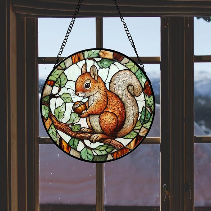 DASTOLL Stained Glass Window Hanging, Squirrel on a Branch Suncatcher Diamond Glass Panel Animal Sun Catchers Decor for Birthday for Women, Men, Wife, Aunt, and Mom 14.9x14.9 in