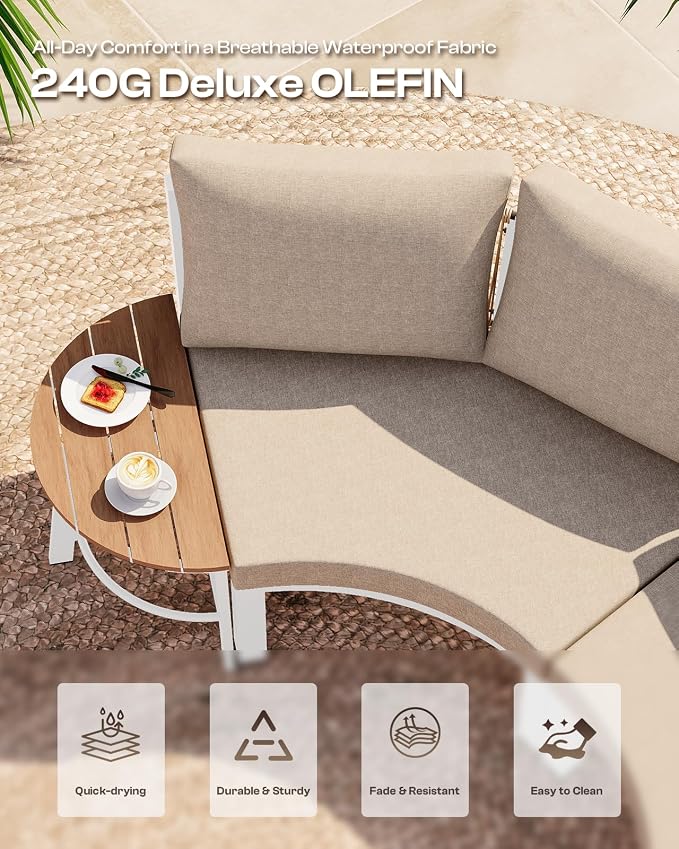 Outdoor Patio Furniture Set,4 Piece Aluminum Half-Moon Patio Conversation Sets, PE Rope Curved Sofa, All-Weather Outdoor Sectional Sofas with Modular Coffee Table & Cushions, White