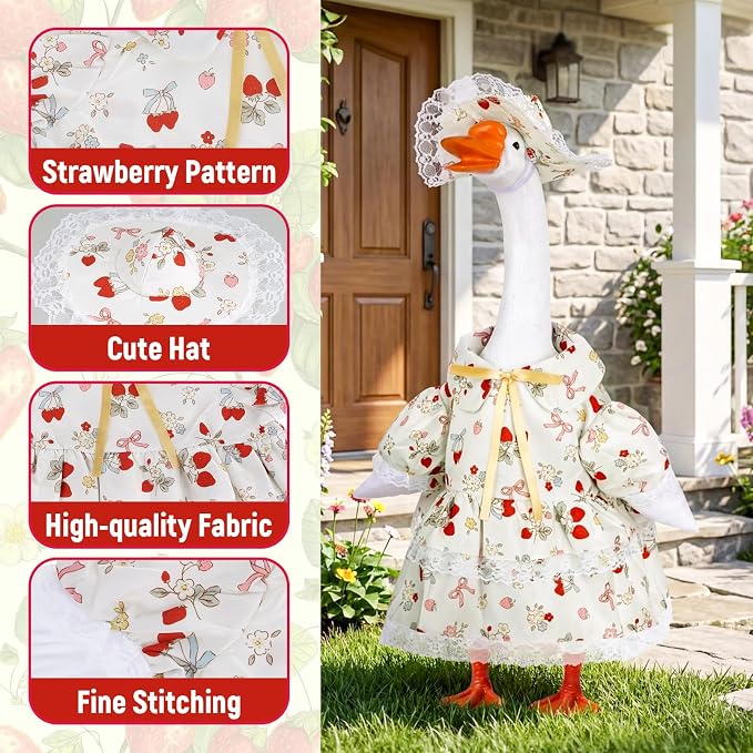 Spring Porch Goose Outfit Strawberry Bow Porch Goose Clothes for 23 Inch Lawn Cement or Plastic Geese Statue Geese Skirt Costume with Hat Dress for Summer Outdoor Patio Garden Holiday Decor