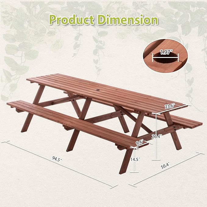94.5'' Large Outdoor Dining Table, Rectangular Wooden Patio Dining Table & 2 Built-in Bench for 12, 2" Umbrella Hole, Suitable for Backyard Garden Porch, Brown