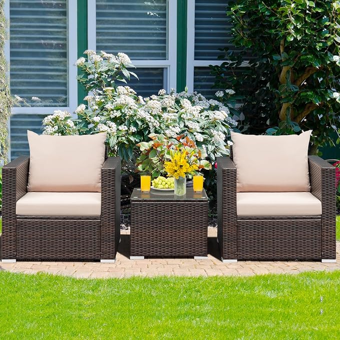 COSTWAY 3-Piece Patio Furniture Set, Outdoor Wicker Rattan Sofa with Cushions and Coffee Table with Tempered Glass, Modern Conversation Chair Set for Poolside Backyard Balcony Lawn (Beige)
