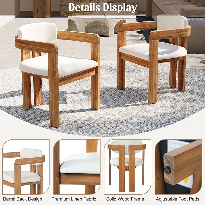 Outdoor Patio Furniture Set of 5, Acacia Wood Round Dining Set with 4 Barrel Chairs & Non-Removable Cushion, 5-Piece Patio Furniture for Backyard Deck Poolside, Natural + Beige