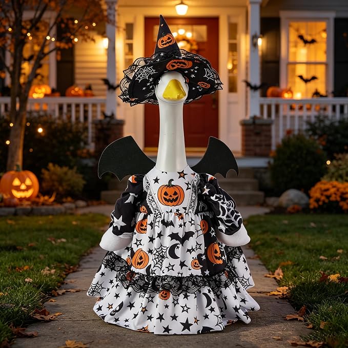 Mtsebmves Pumpkin Wizard Porch Goose Outfit Witch Geese Costume 23-Inch Porch Goose Dress for Yard Lawn Outdoor Garden Patio