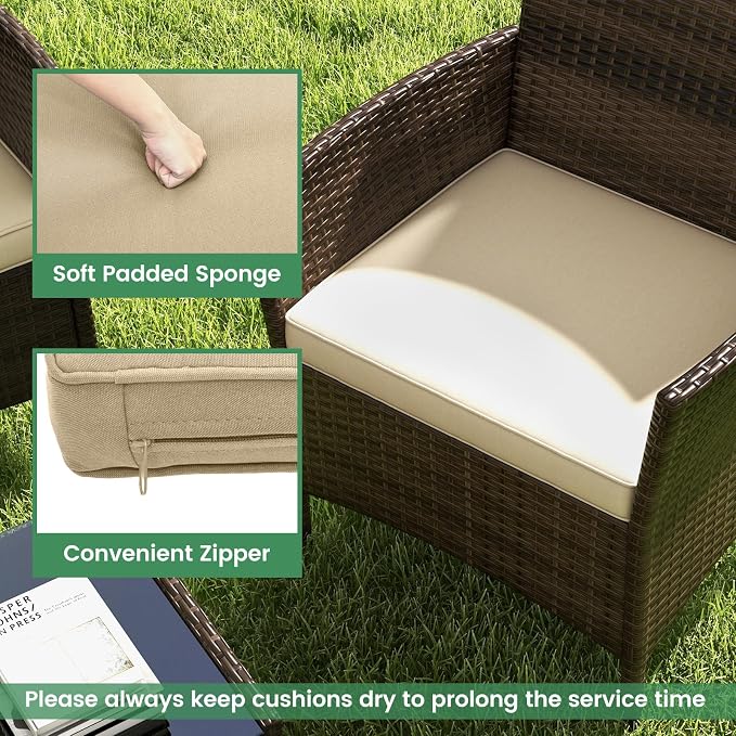 RELAX4LIFE 8-Piece Patio Furniture Set - Rattan Outdoor Conversation Bistro Set w/Cushions, Glass Coffee Table, Wicker Chairs & Loveseat for Garden Backyard Porch, Balcony Furniture Set (2, Beige)