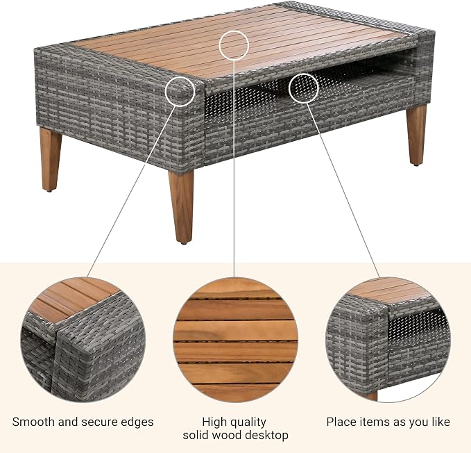 6 piece Outdoor PE Wicker Sofa Set, Outdoor Sectional Conversation Sofa with Double Cushions, Solid Wood Legs & Table Top, Patio Furniture Set for Backyard, Balcony, Gray+Beige