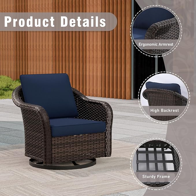 3 Piece Patio Wicker Bistro Set, 2 All-Weather Use Outdoor Wicker Swivel Chairs with PE Rattan Side Table,Ideal for Porch, Backyard, Balcony, Poolside, Blue