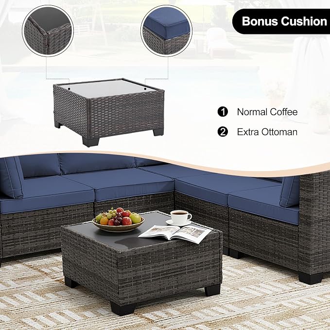CANMOV 7 Pieces Patio Furniture Sets, All Weather Outdoor Patio Conversation Set, PE Wicker Rattan Sectional Sofa Couch Glass Coffee Table Washable Cushions for Backyard Garden, Porch, Navy Blue