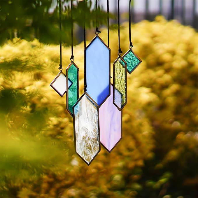 7pcs Stained Glass Window Hanging Suncatchers Modern Blue Wall Art Ornament | Blue Dreams,Sun Catchers Indoor Window,Home Garden Decor,Element Earth Tones Panel Set,Gift For Women,With String & Hook