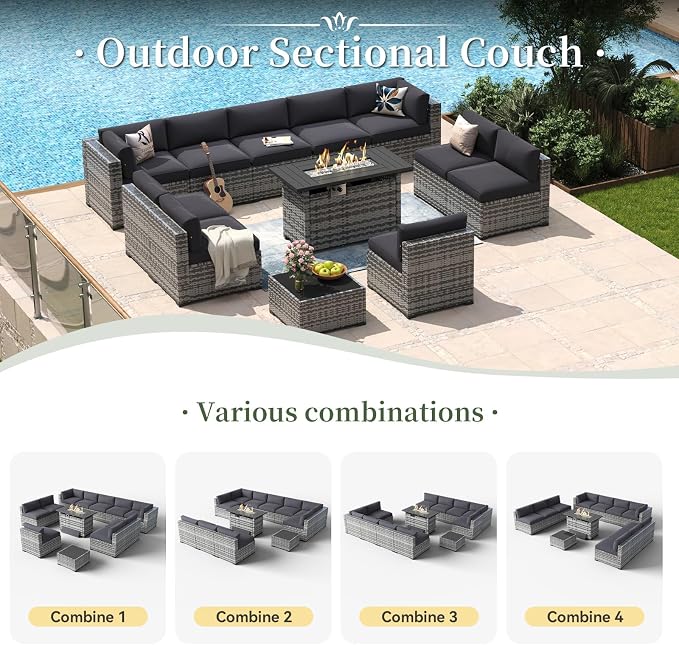 Aoxun 12 Piece Patio Furniture Set with 44” Fire Pit Table Wicker Rattan Outdoor Sectional Sofa Set with Coffee Table and Thickened Cushions, Grey/Black