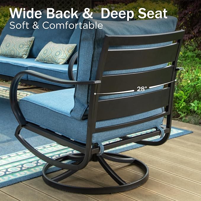 PHI VILLA 6 Piece Patio Furniture Sets with 1 x 3-Seat Deep Seating Bench, 2 x Cushioned Swivel Sofa Chairs, 1 x Coffee Table & 2 Ottoman, Outdoor Metal Conversation Set for Lawn Garden, Navy Blue