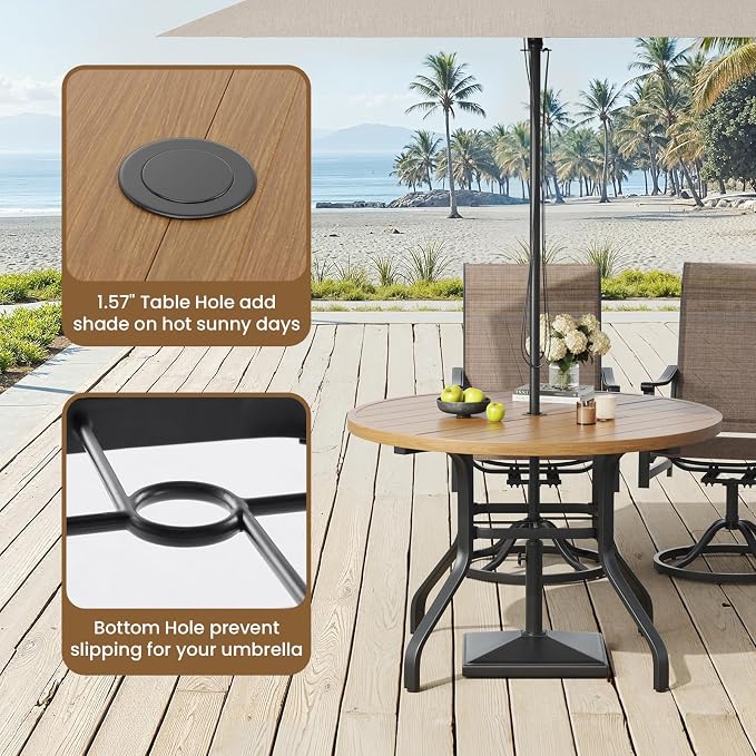 Soohow Patio Dining Set for 4, 5-Piece Round Outdoor Dining Set 4 x Swivel Patio Chairs and 41" Round Outdoor Dining Table with 1.57" Umbrella Hole, Wood-Like, for Poolside, Backyard