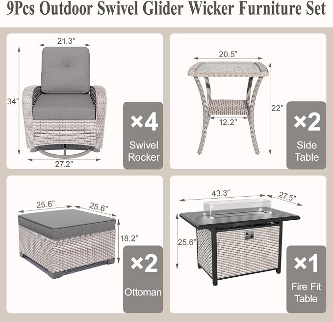 9-Piece Patio Furniture Set, Outdoor Swivel Rocking Chairs Set with 55,000 BTU Fire Pit Table,All Weather Conversation Set for Porch Poolside Balcony