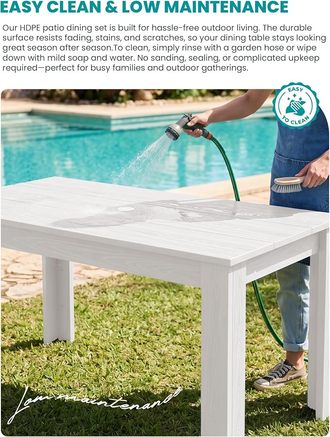 SERWALL 59" Patio Dining Set for 8, HDPE Dining Set, White | Include 2 Rectangular Tables and 8 armless Chairs, All Weather Dining Sets for Garden, Backyard