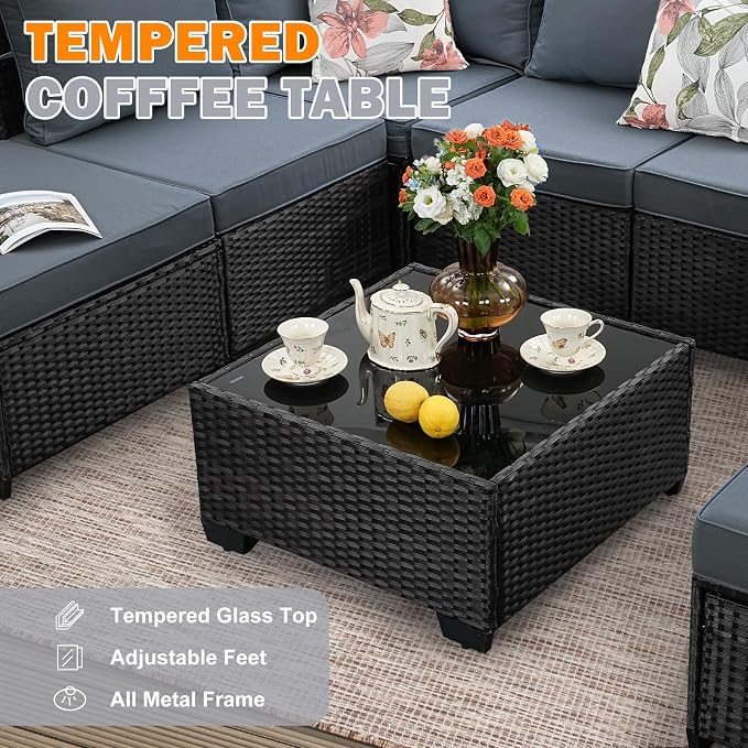 5 Pieces Patio Furniture Set,Wicker PE Rattan Outdoor Sectional with Cushion & Coffee Table, Patio Conversation Sofa for Garden, Backyard, Poolside, Grey