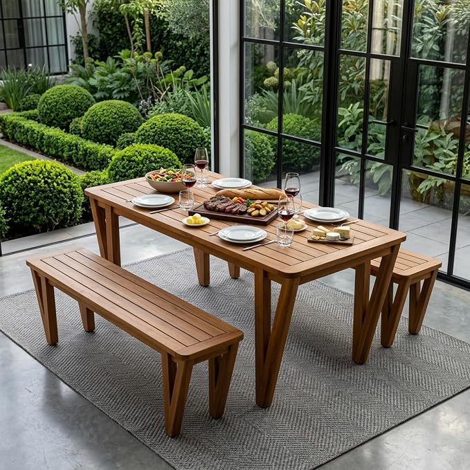 Christopher Knight Home Cove Acacia Wood Outdoor Dining Set for 6, Patio Dining Table with Bench, 3 Piece Outdoor Dining Table Set, Teak