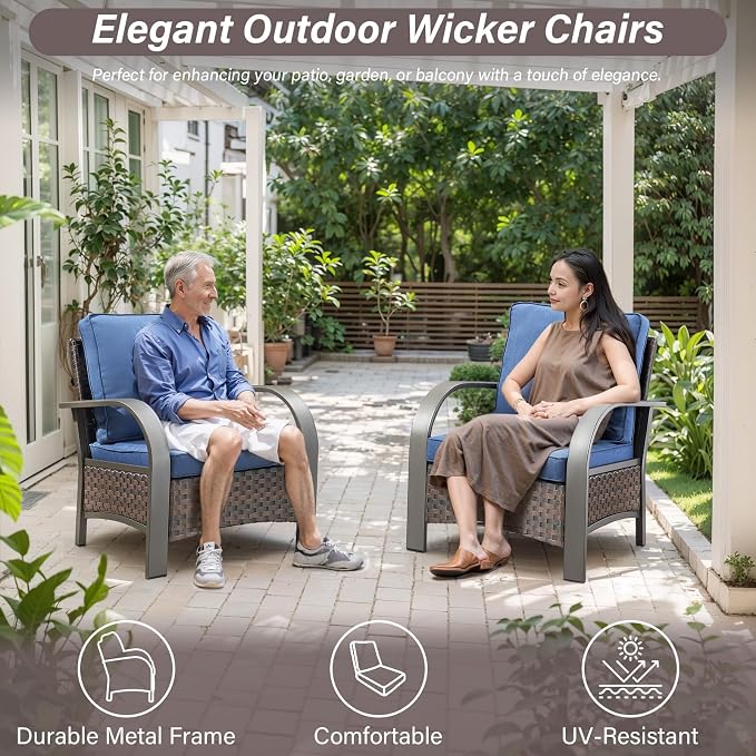 Belord Wicker Patio Chairs Set of 2-300LBS Weight Capacity Oversize Outdoor Patio Chairs with High Backrest Metal Curved Armrest, All Weather PE Rattan Outdoor Seating for Porch Deck Backyard