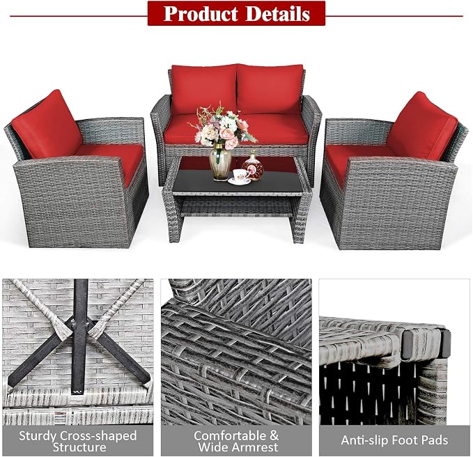 COSTWAY 4 Pieces Patio Rattan Furniture Set, Outdoor Wicker Sofa Set with Tempered Glass Coffee Table, Cushions, All Weather Rattan Conversation Set for Yard Balcony Backyard Pool (Red)
