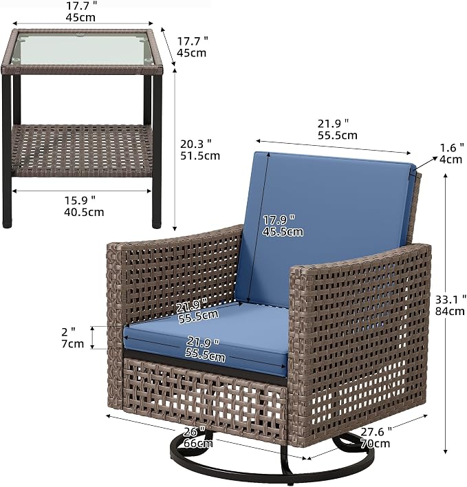 YITAHOME 3 Pieces Patio Set w/2.8" Thick Cushions, All Weather Swivel Patio Furniture Set w/Wicker Rocking Chairs & Rattan Side Table for Backyard Deck Poolside, Blue