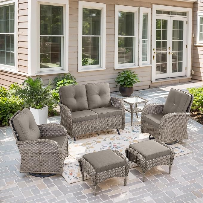 Belord Outdoor Glider Bench Patio Loveseat - 500 Lbs Weight Capacity 2 Seater Wicker Sofa, Small Porch Glider Furniture All Weather Rattan Couch with Removble Cushion for Deck Balcony Backyard Gray