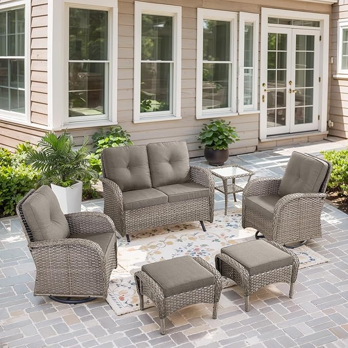 Belord 6 Pieces Wicker Patio Conversation Sets with Outdoor Swivel Rocker Chairs and Loveseat Glider Chair, All-Weather Rattan Furniture Set for Deck Patio Sunroom Backyard