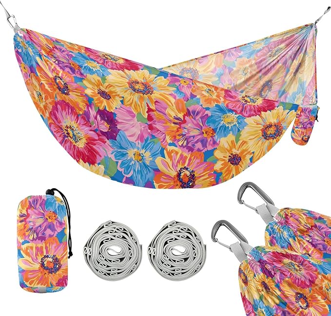 Camping Hammock Outdoor Hammocks for Outside Bright-Coloured Flower Beach Trees Portable Lightweight with Pockets Tree Straps Indoor
