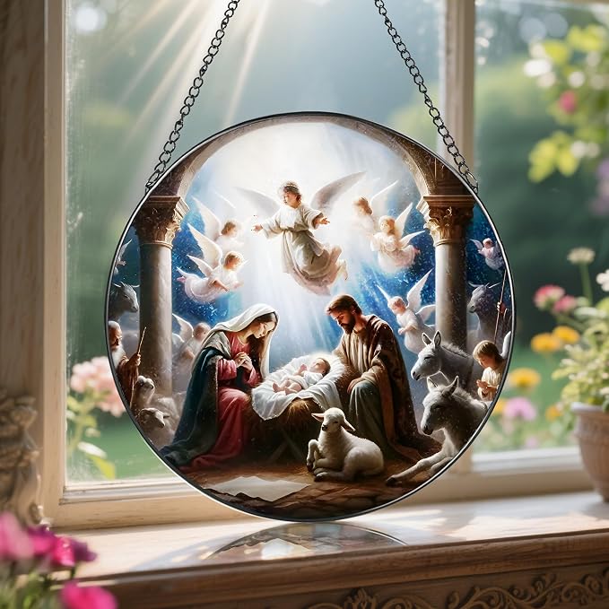 Stained Glass Window Hanging, LAOWEIKI 8'' Nativity Scene Suncatcher, Stained Glass Ornament, Nativity Scene Window Decor, Outdoor or Indoor, Christian Gifts, Religious Gifts for Women
