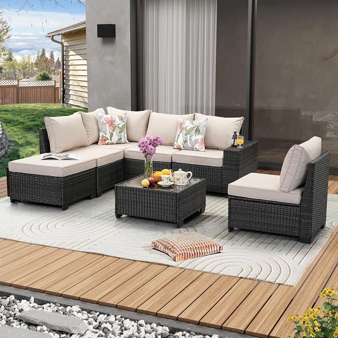 JOYURE 7 Pieces Patio Furniture Set All-Weather Outdoor Wicker Sectional Conversation Sofa Rattan Patio Seating Sofa with Cushion and Glass Table and Ottoman for Porch,Beige