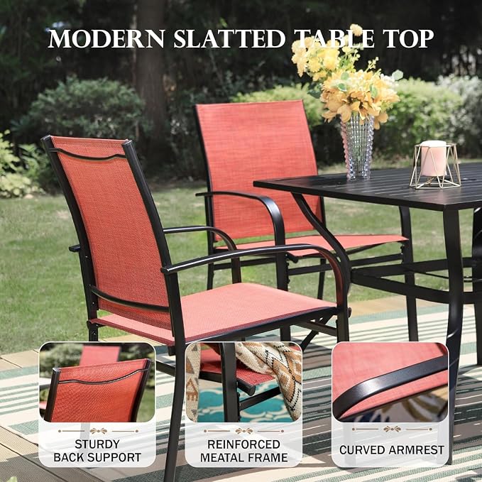 HERA'S HOUSE 7pc Patio Dining Set, 60" Metal Table, Textilene Chairs | Rectangular table with umbrella hole+ 6 red chairs. Waterproof, rust-resistant, all-weather for backyard, porch