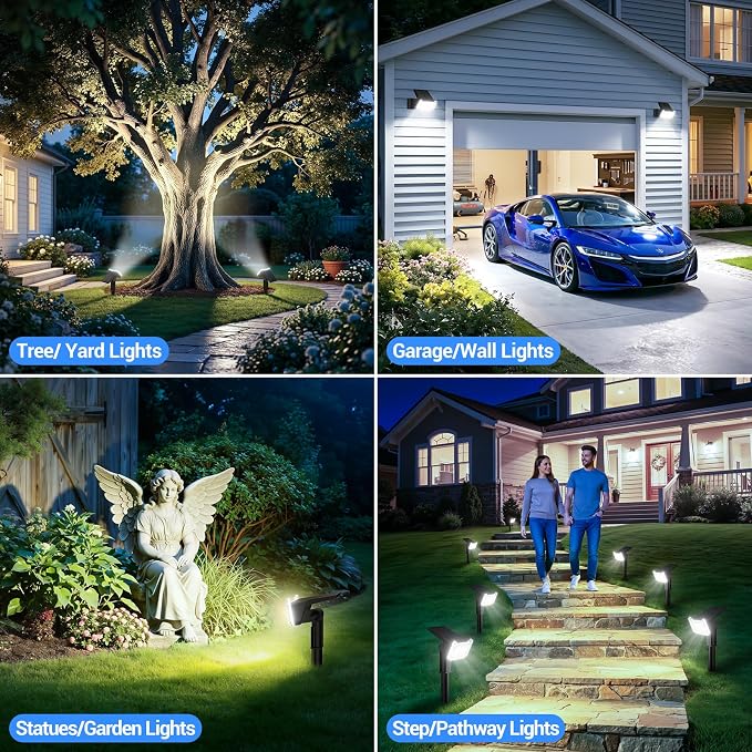 Solar Spot Lights Outdoor Waterproof IP65, Super Bright LEDs with Lens, 6500K 2 Lighting Modes, 2 in 1 Auto On/Off Solar Powered Spotlights for Yard Flag Landscape Tree, 4 Pack, Cool White
