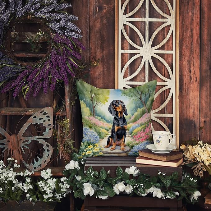 Caroline's Treasures Black and Tan Coonhound Spring Path Throw Pillow Machine Washable, Indoor Outdoor Decorative Pillow for Couch, Bed or Patio, 18Hx18W