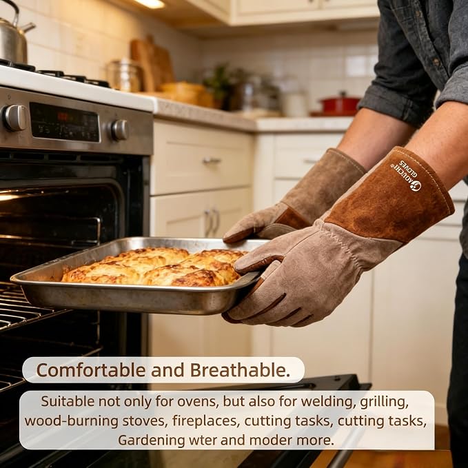 Thick Heat Resistant Welding Gloves for Grill Garden Work | Upgraded Heat Resistant Cowhide Gloves;Fireproof Heavy Duty Leather Gloves;Welding Grilling Multi-use Safety Gloves
