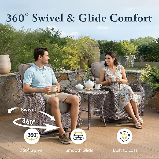 Belord Luxury 6" Thick Cushioned Outdoor Swivel Rocker Patio Chairs with Side Table, High Back Wicker Furniture Set with Ergonomic Zone Back, Conversation Glider Set for Deck Porch - Brown+Grey