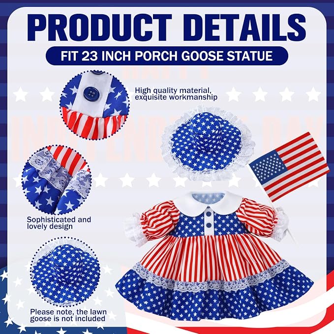 Soulchen 1 Set 4th of July Porch Goose Outfit 23 Inch Cement American Flag Patriotic Goose Dress Clothes and Hat Set for 250th Anniversary Independence Party Yard Lawn Outdoor Garden Patio Decor