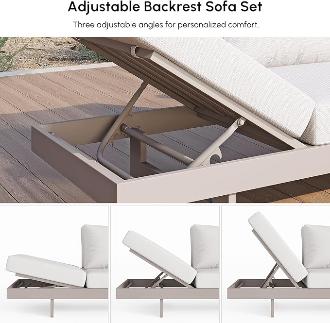 homary 4-Piece Modular Outdoor Sofa Set, Aluminum & Teak Patio Conversation Set with 600D Waterproof Covers, Adjustable Backrests, Fade-Resistant Cushions for Patio, Balcony, Deck