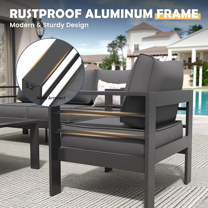 Amopatio Aluminum Patio Furniture Set, 6 Pieces Modern Patio Conversation Sets, Outdoor Sectional Metal Sofa with Coffee Table for Balcony, Garden, Dark Grey (Included Waterproof Covers)