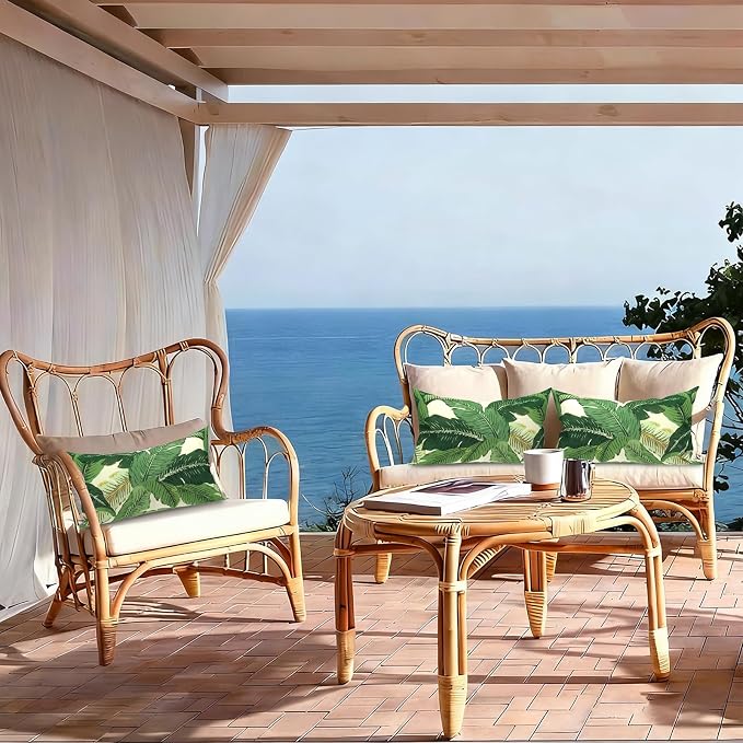 LVTXIII Set of 2 Patio Lumbar Pillows, 12”x20” Fade Resistant Outdoor Lumbar Pillow with Inners, Fluffy Decorative Garden Lumbar Cushions for Home Patio Coach Sofa Use, Swaying Palms Green