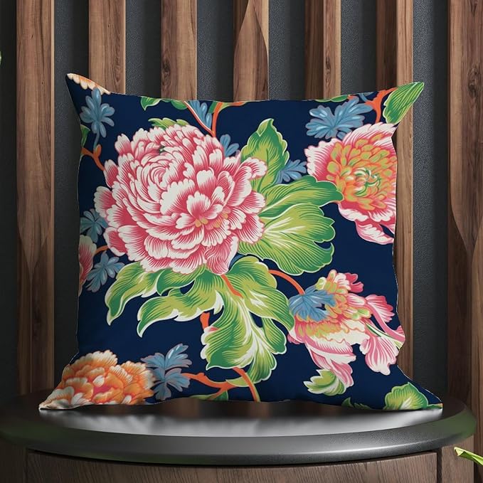 Floral Bright and Cheery Chinoiserie Throw Pillow Covers Pink Coral Peony on Navy Cushion Cover 18x18 INAbstract Accent Outdoor Garden Decoration for Patio Tent Couch