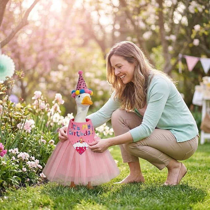 Birthday Porch Goose Outfits - 3Pcs Goose Outfits with Hat, Happy Birthday Bandana and Pink Tutu Skirt for 23 Inch Goose, Birth Party Goose Outfits Porch Goose Decor for Outdoor Garden Yard Patio
