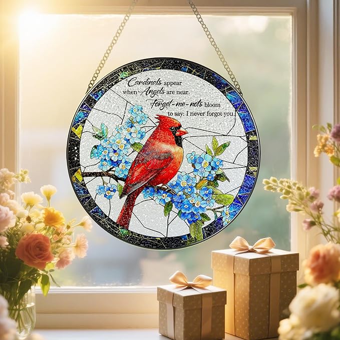Cardinal Stained Glass Window Hanging, 8 Inch Sun Catchers Indoor Window, Suncatchers for Windows Hanging, Home Decor and Memorial Gift, Sympathy Gift, Cardinal Gifts, in Memory of Loved One Gifts