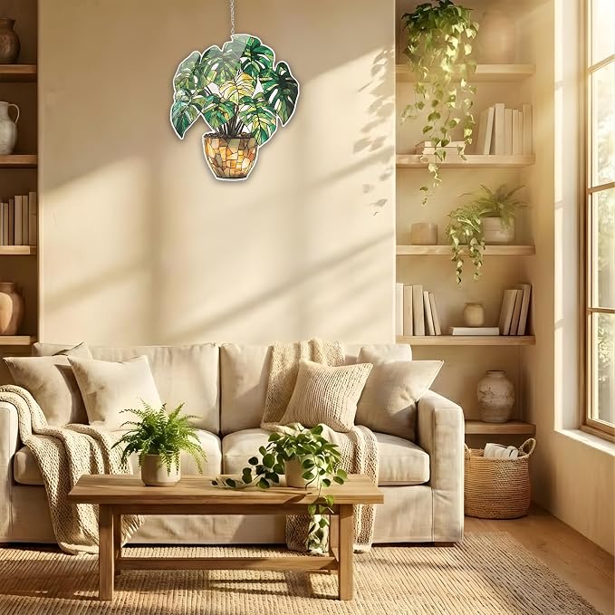 Monstera Pot Acrylic Suncatcher, Boho Suncatchers for Window Hanging Ornament, Stained Glass Effect Art Garden Decor for Nature Lover, Gifts for Mother's Day, Mom, Grandma, Wife, Women, Nana
