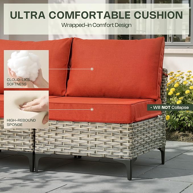 10 Pieces Patio Furniture Set, Outdoor Conversation Set with 360° Swivel Rocker Chairs, Wicker Modular Sectional Sofa & Solar Coffee Table, High Back Outdoor Furniture L Shaped Couch for Porch, Red