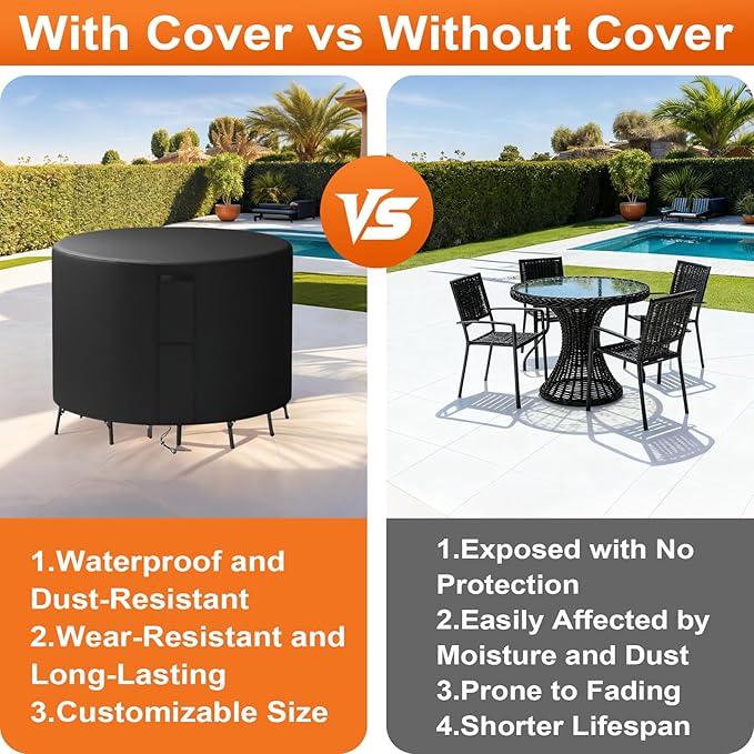 76"(D) x 24"(H) Round Outdoor Furniture Cover, Custom Heavy Duty 420D Waterproof Patio Furniture Cover with Drawstring & Buckles for Table Chair Garden, Black