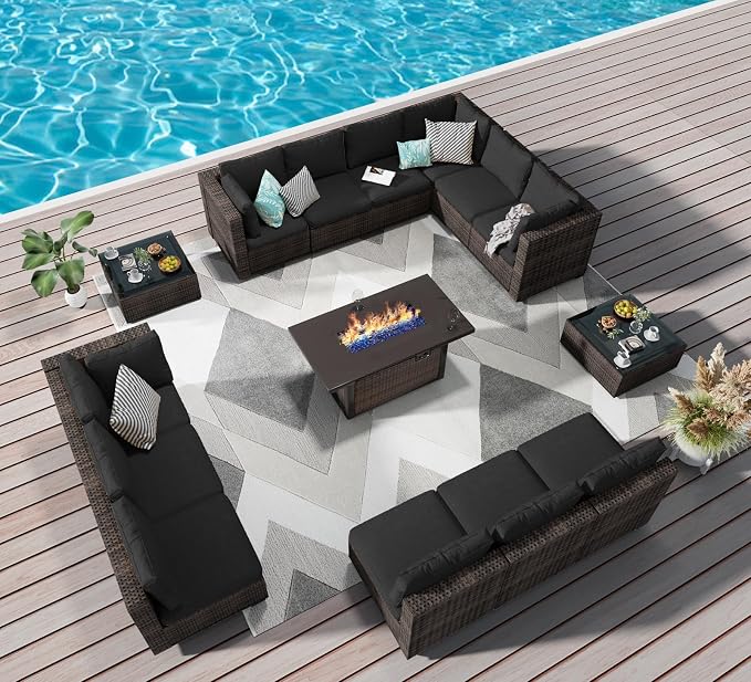 Grezone 15 Piece Patio Furniture Set with 44" Fire Pit Table, Outdoor Sectional Couch, PE Rattan Patio Conversation Sets with 4inch Cushions for Backyard Black